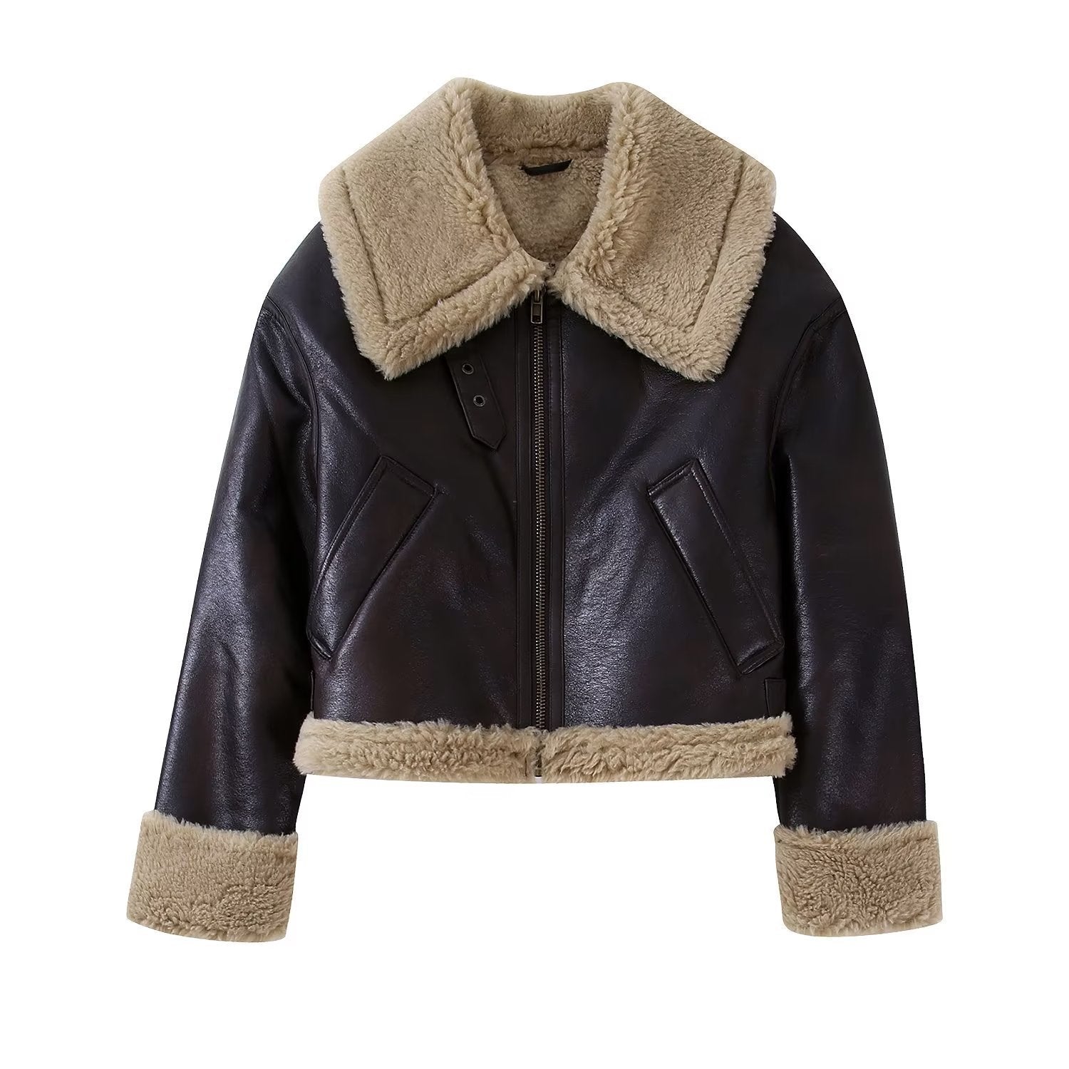 Thickened Shearling Turn-down Collar Zipper Short Jacket
