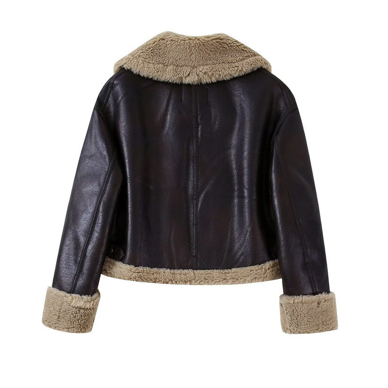 Thickened Shearling Turn-down Collar Zipper Short Jacket