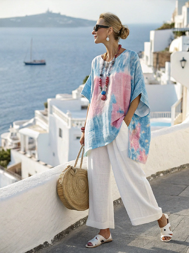 Color-Block Loose Wide-Leg Pants Two-Piece Set