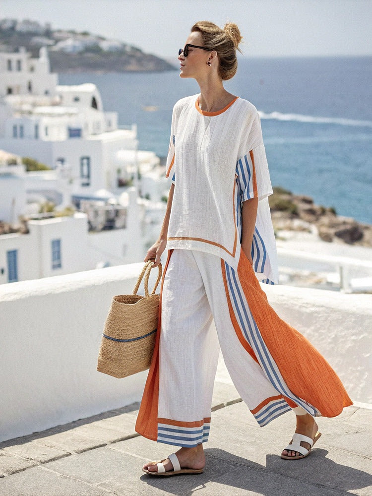 Color-Block Loose Wide-Leg Pants Two-Piece Set