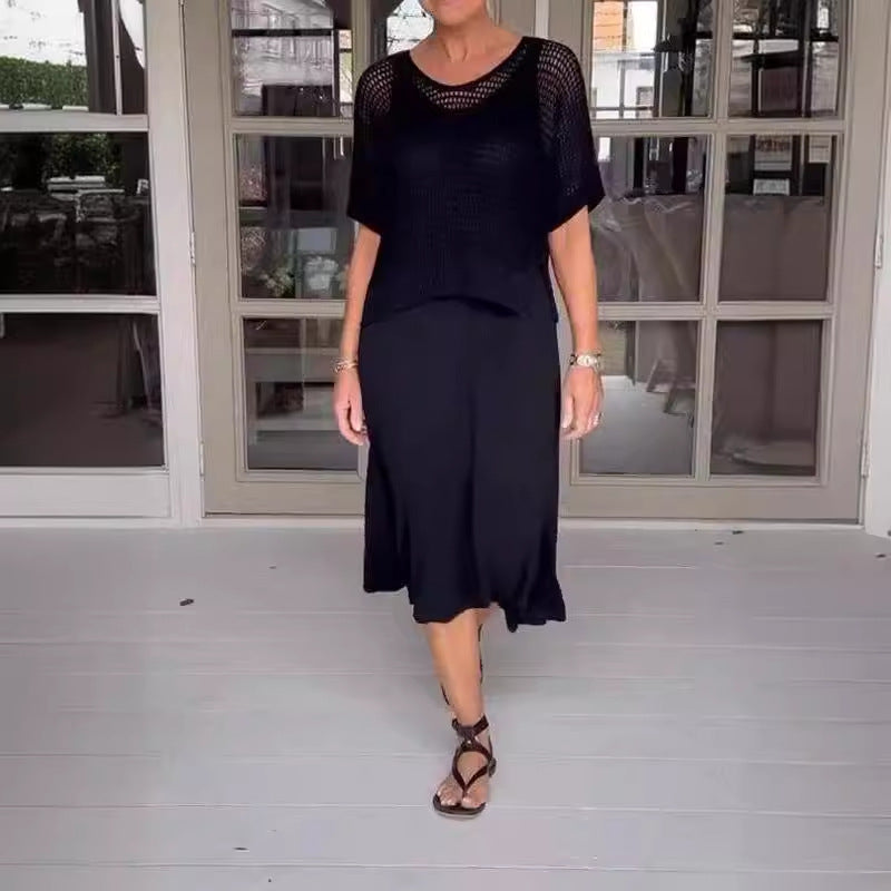 Hollow-Knitted Mesh Dress Set in Solid Color