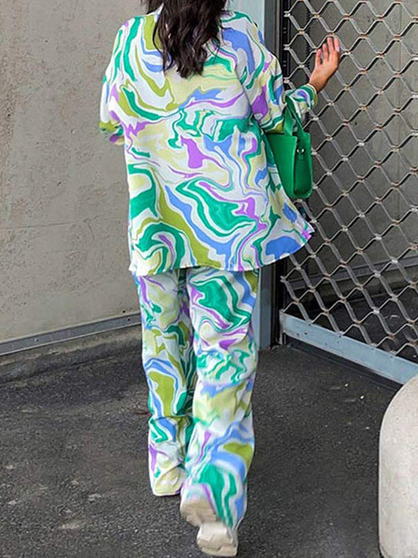 Printed Long-Sleeve Casual Two-Piece Shirt Set