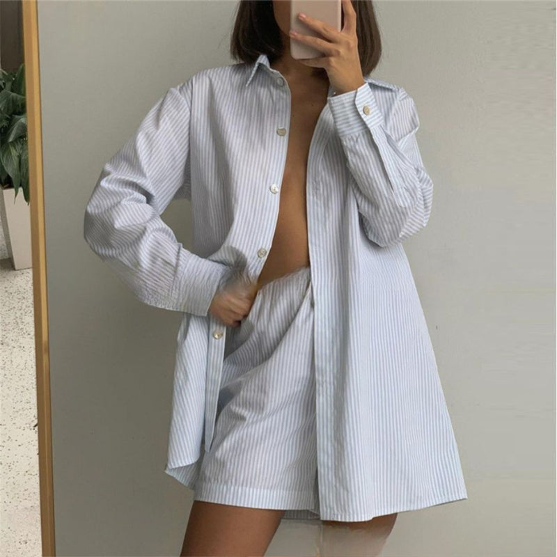 Casual Striped Long-Sleeve Shirt and High-Waisted Shorts Set