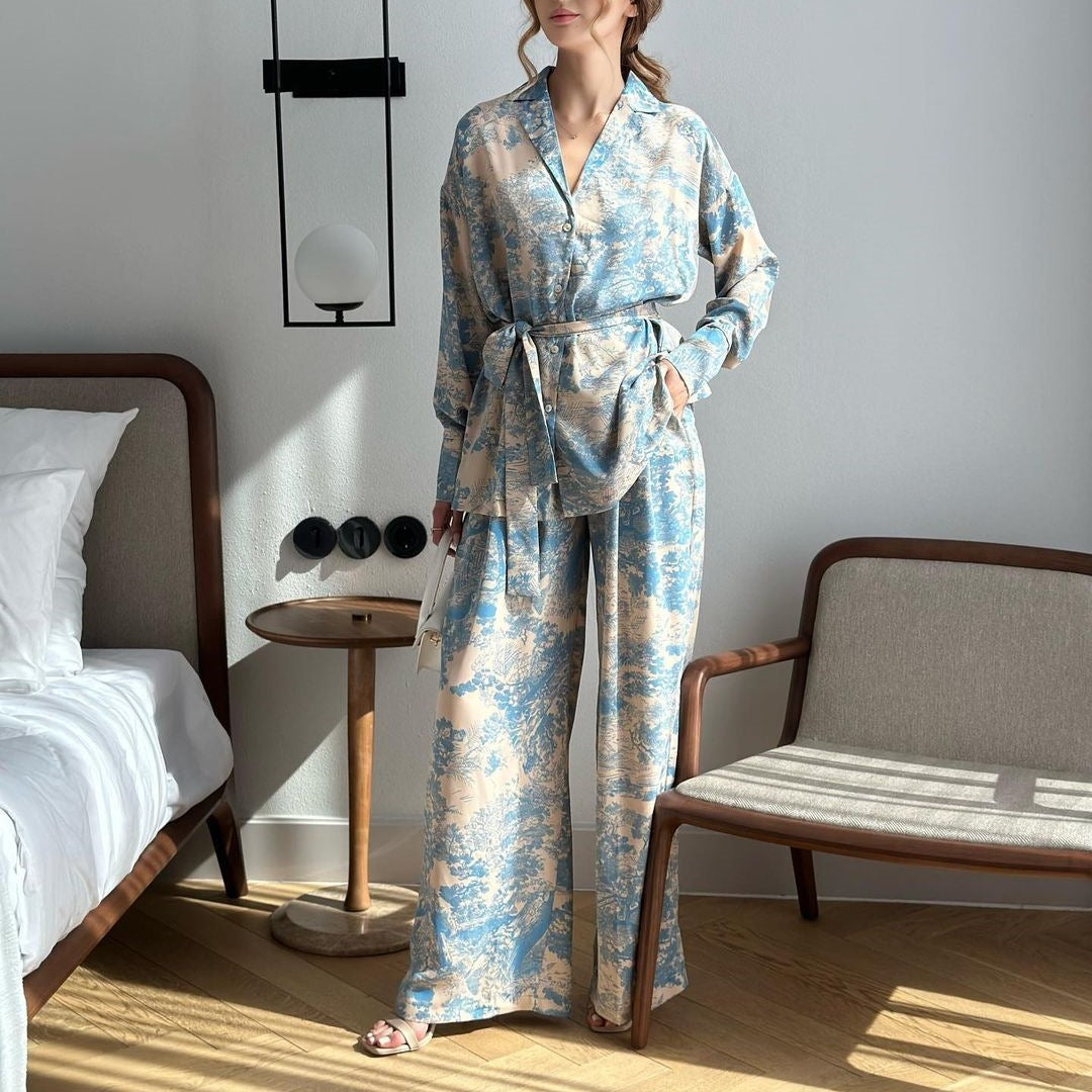 French-Style Printed Long-Sleeve Shirt and Wide-Leg Pants Set