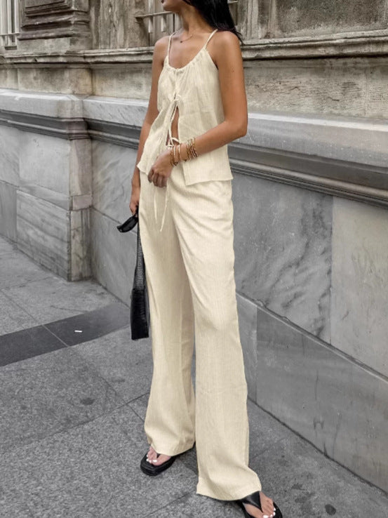 Casual Lace-Up Top and High-Waisted Wide-Leg Pants Set
