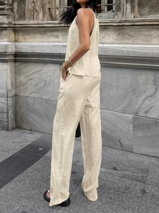 Casual Lace-Up Top and High-Waisted Wide-Leg Pants Set