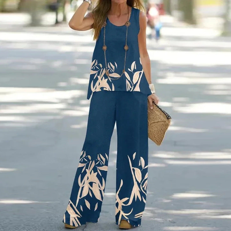 Casual Printed Sleeveless Top with High-Waisted Pants Set