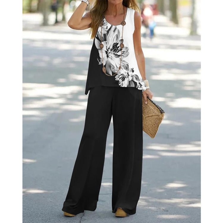 Casual Printed Sleeveless Top with High-Waisted Pants Set