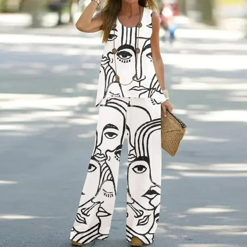 Casual Printed Sleeveless Top with High-Waisted Pants Set