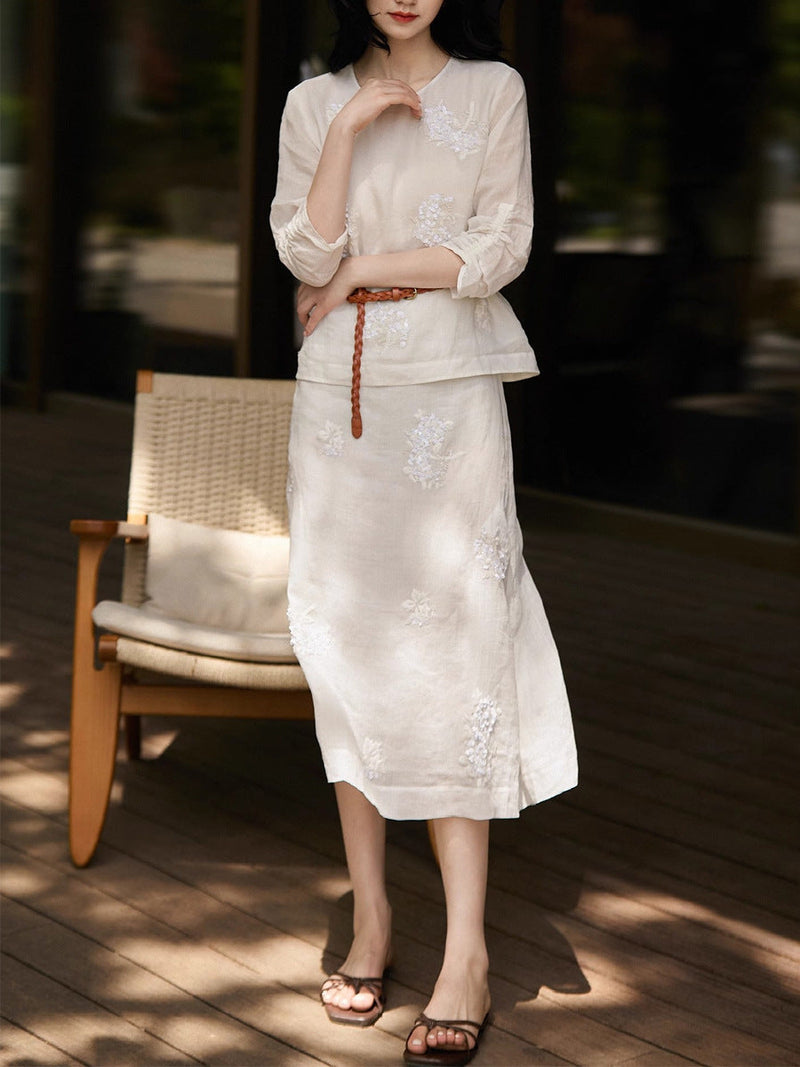 Embellished Sequin Bead Embroidery Sheer Round Neck Top Set