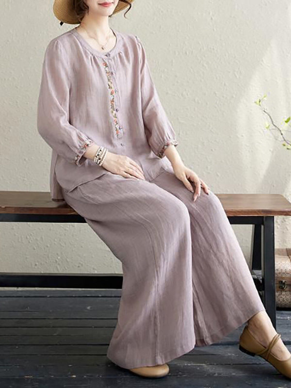 Retro Neo-Chinese Embroidered Shirt and Casual Pants Set