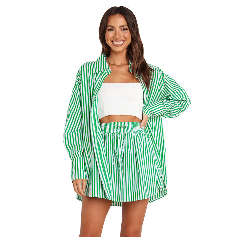 Striped Long-Sleeve Two-Piece Business Casual Set