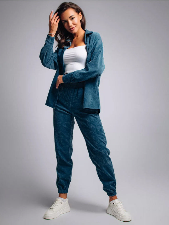 Retro Plus-Size Corduroy Lapel Shirt and Pants Set
