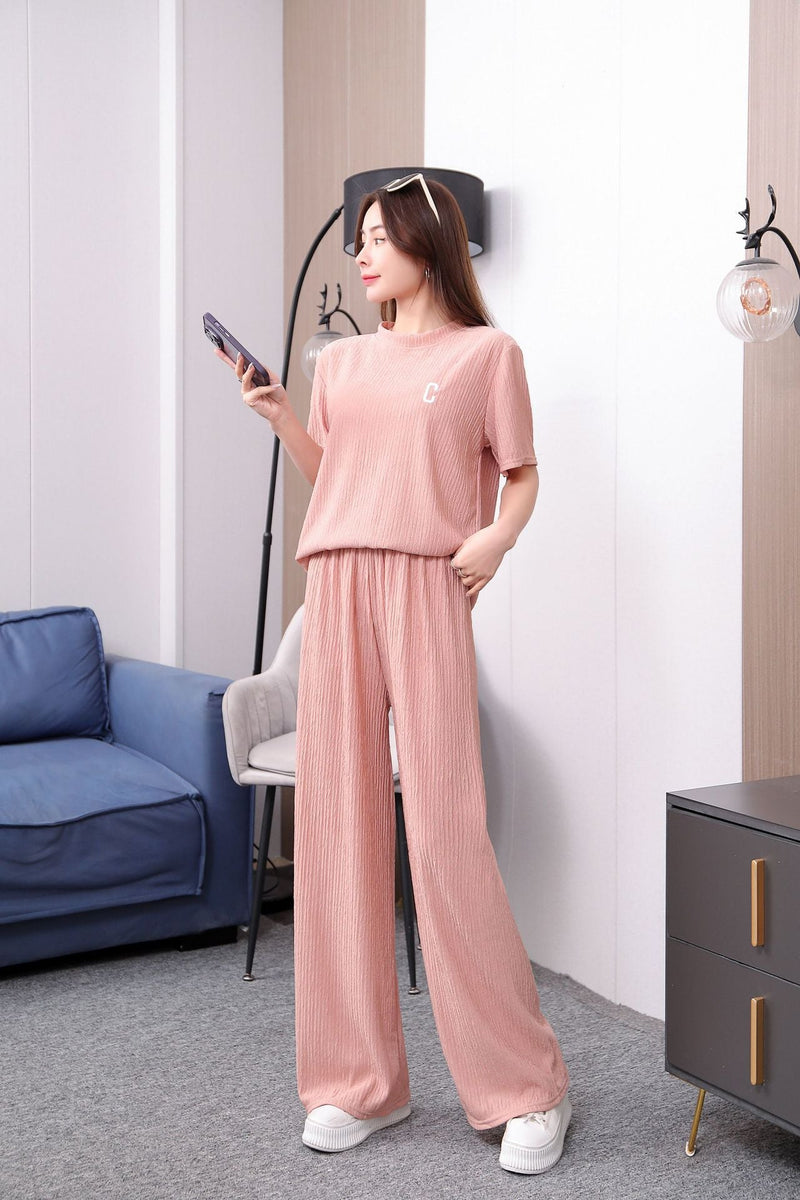 Chiba Pleated Embroidered Two-Piece Loungewear Set