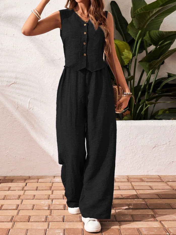 Linen V-neck Vest and Long Pants Suit
