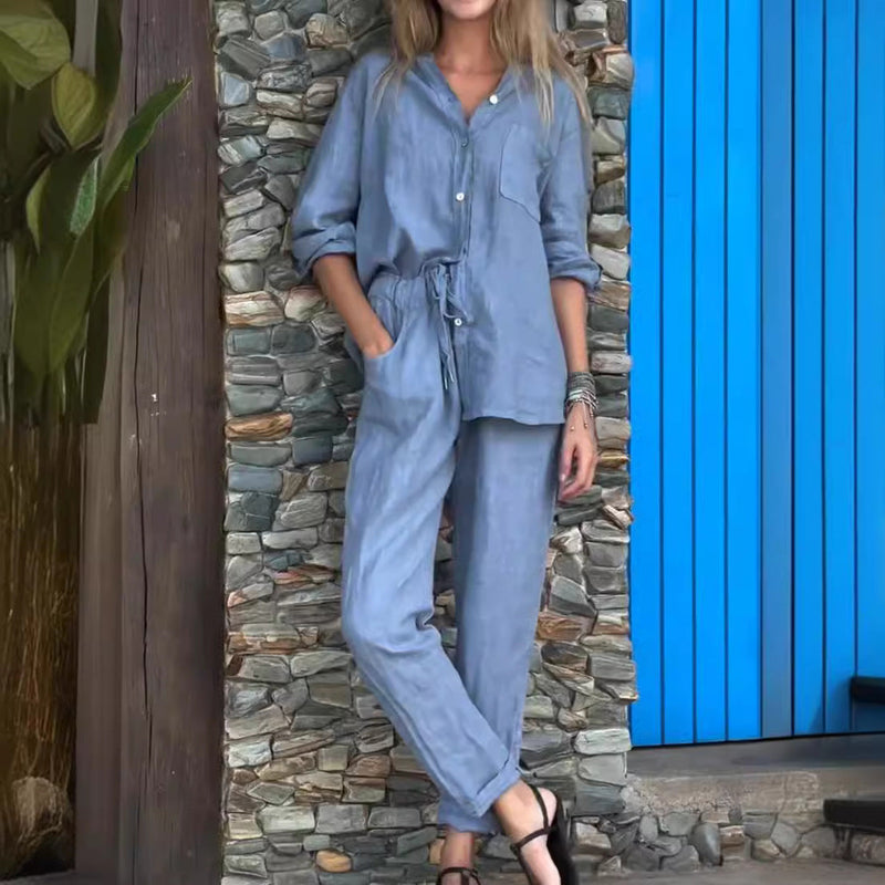 Plus Size Cotton Linen 2-Piece Set with Pockets