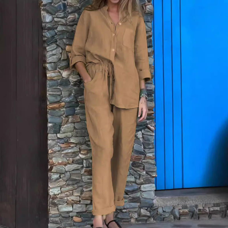 Plus Size Cotton Linen 2-Piece Set with Pockets