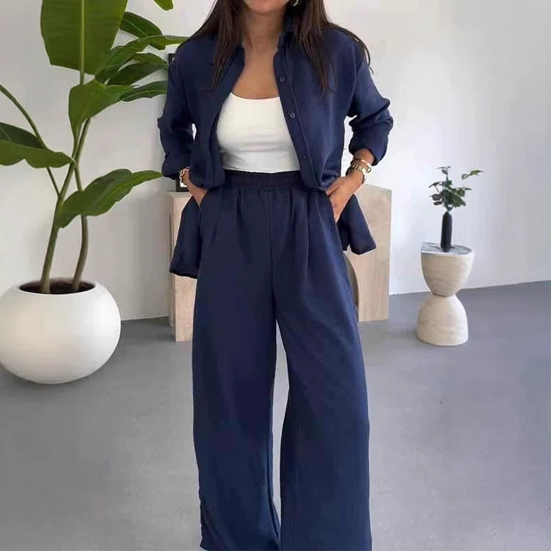 Solid Color Loose Top and Wide-Leg Pants Set