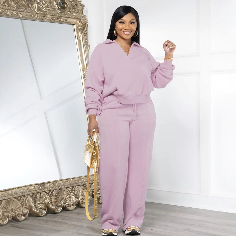 Fashion Solid Color V-neck Pullover Set