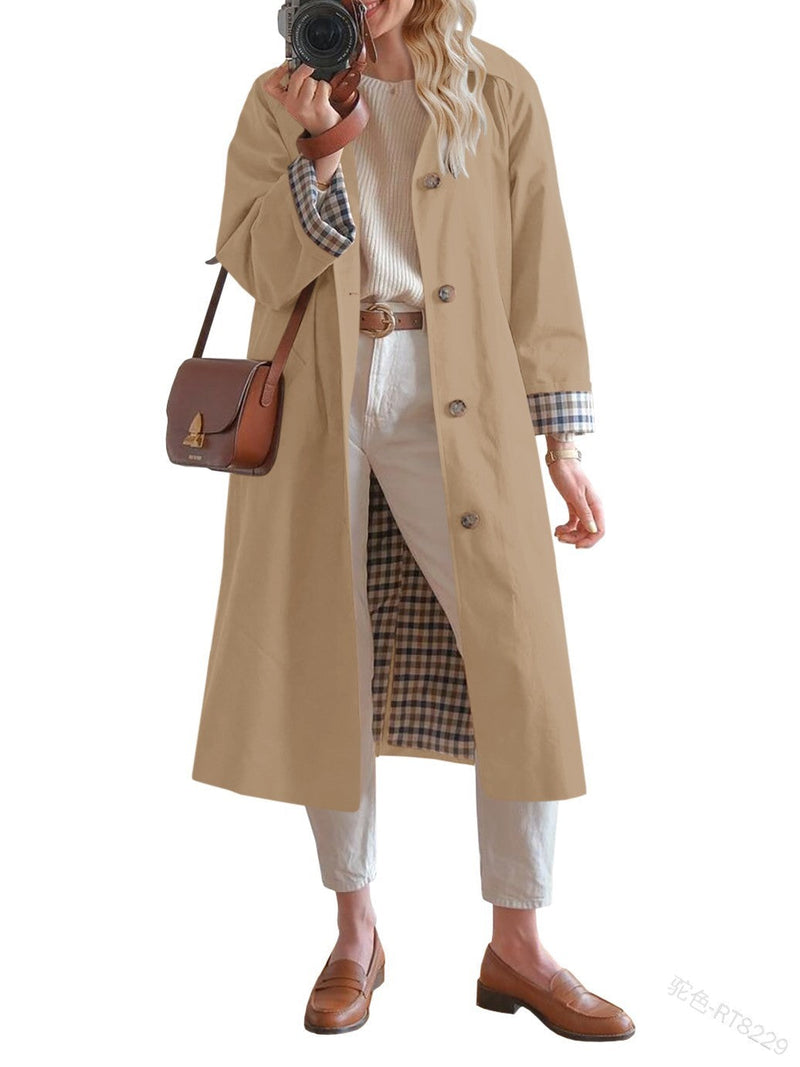 Lapel Long Trench Coat with Color-Blocking Design