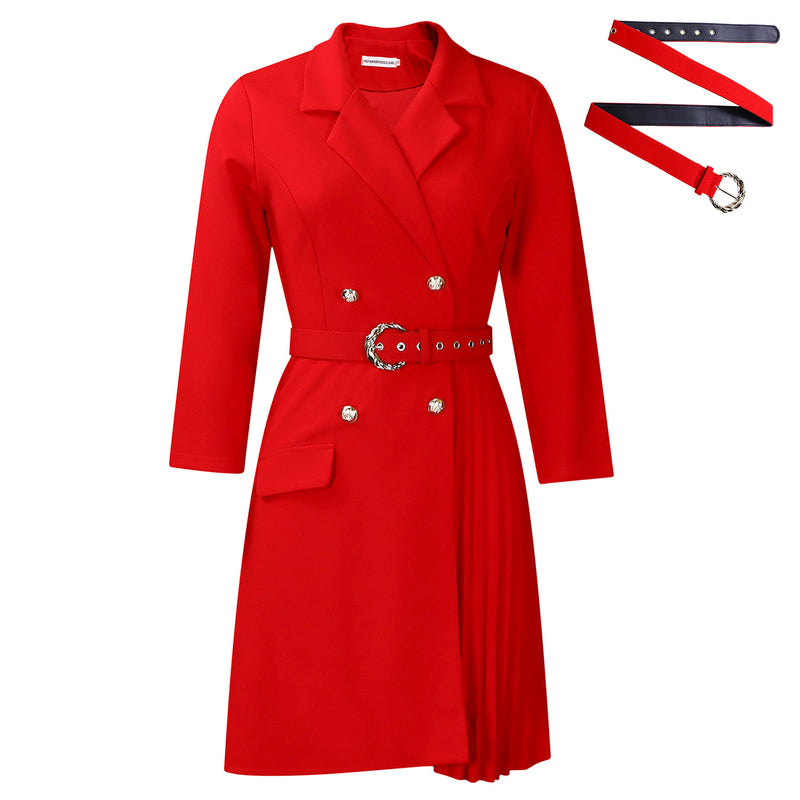 High-Waist Pleated Blazer Dress with Belt