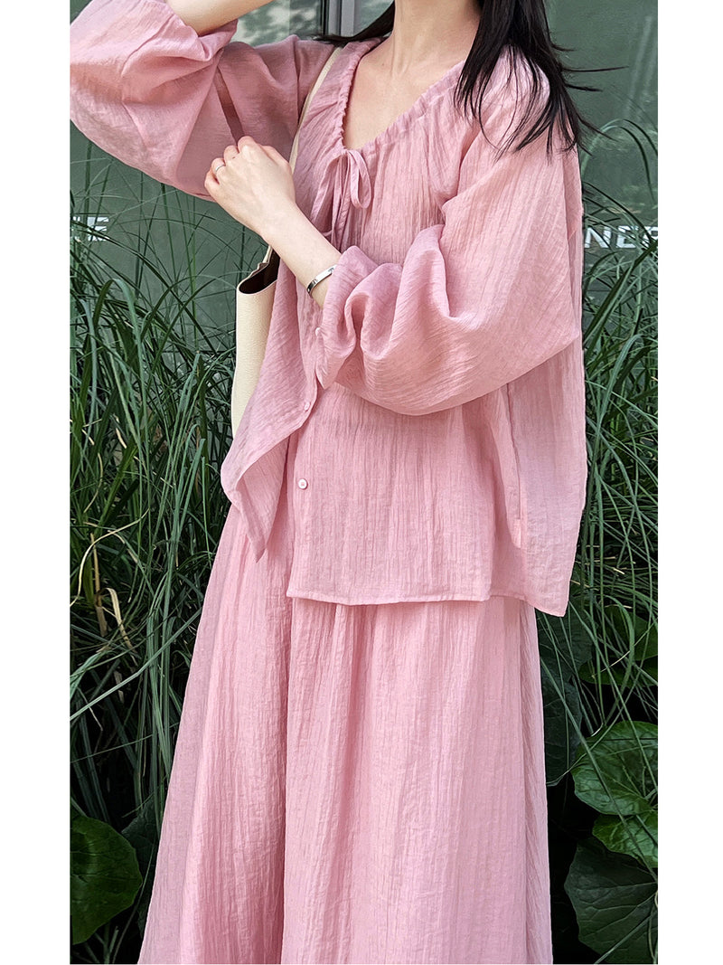 Deerxi Drawstring Ruched Sun-Protection Shirt and Skirt Set