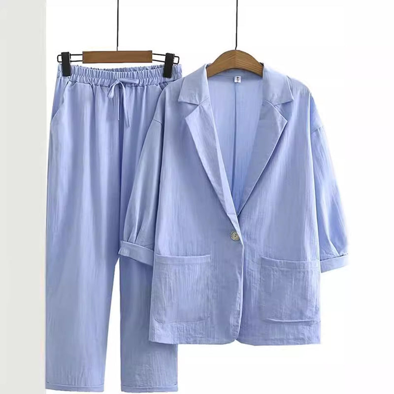 Cotton Linen Blazer and Pants 2-Piece Suit Set