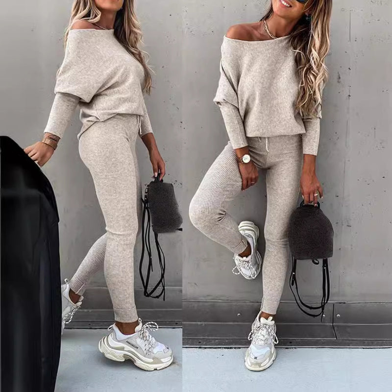 Lace-Up Off-Shoulder Casual Long Pants Suit