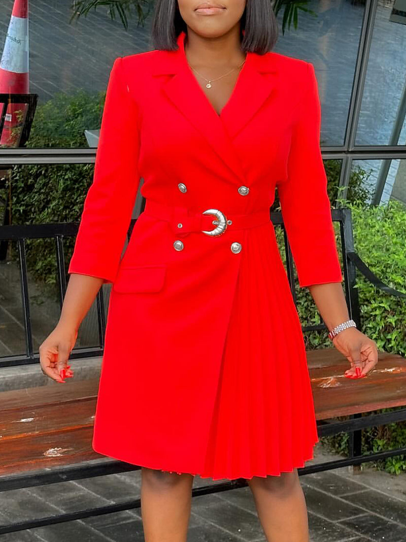 High-Waist Pleated Blazer Dress with Belt