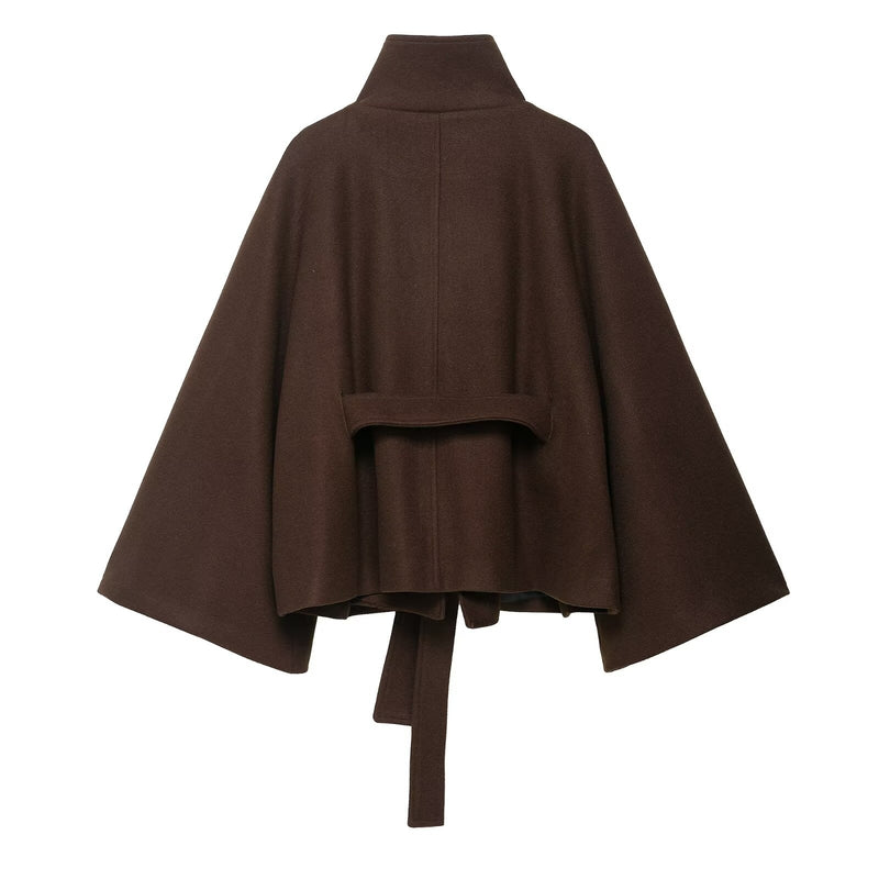 Elegant Loose Stand Collar Woolen Coat with Belt