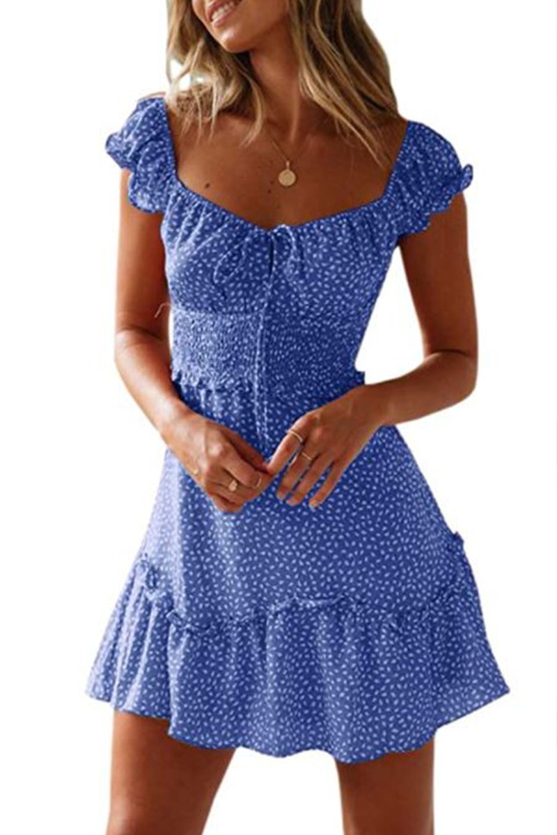 Sweetheart Collar Printed Ruffled Maxi Dress