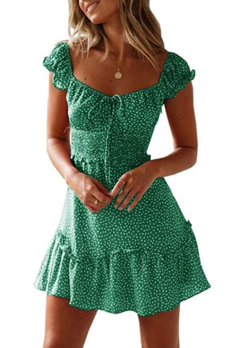 Sweetheart Collar Printed Ruffled Maxi Dress