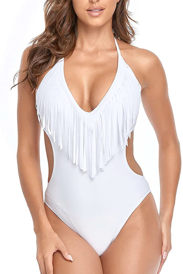 Cutout Halter Tassel One Piece Swimsuit
