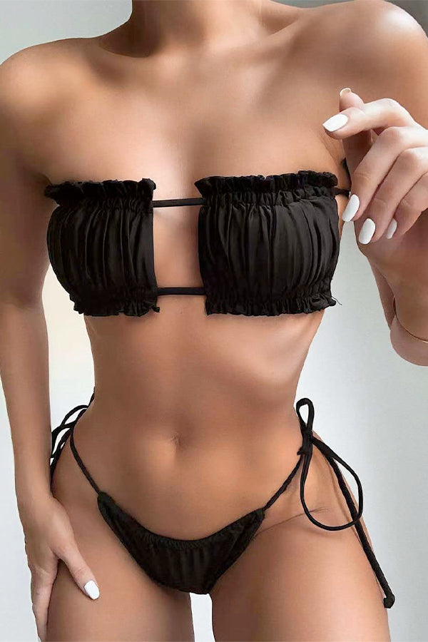 Hollow Pleated Multi-Color Split Bikini Swimsuit