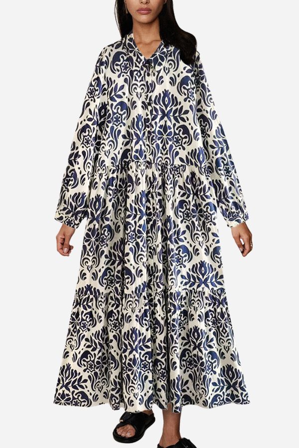 Blue Floral Lantern Sleeves Midi Dress