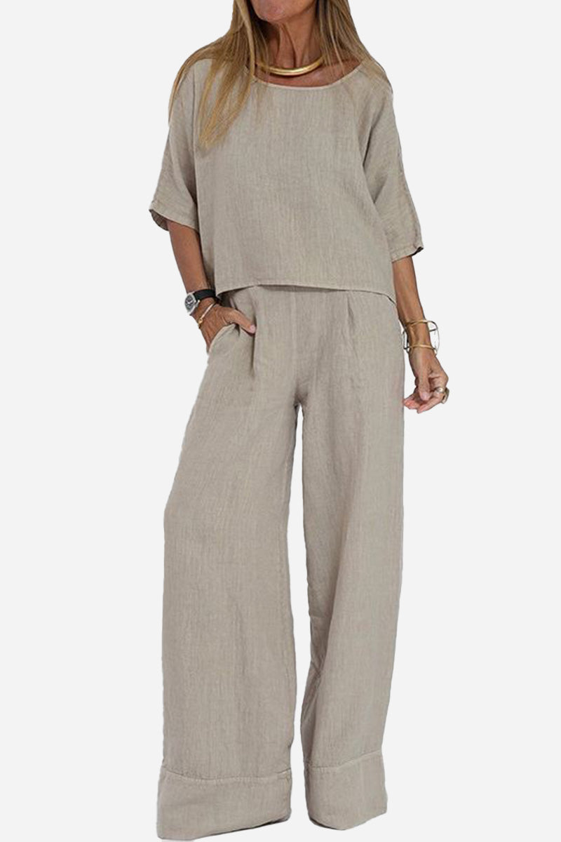 At Ease &amp; Down to Earth: Short-sleeved Pullover &amp; Wide Trouser Matching Set